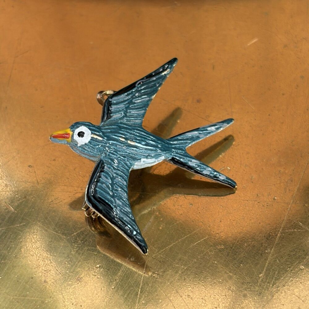 Vintage Enamel Swallow Bird Brooch Pin Blue Swift Folk Art Flying Animal Marine